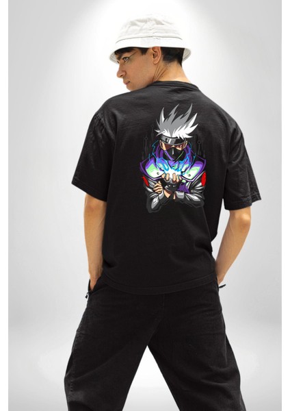 Kakashi Hatake Ninja Gücü Anime Siyah Oversize Kadın Erkek Ön ve Sırt Baskılı Tişört indirimleri