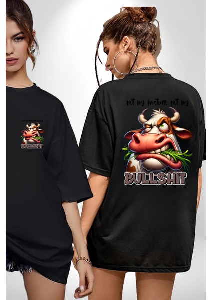 Saçmalık Dolu Komik Inek Tasarımı Siyah Oversize Kadın Erkek Ön ve Sırt Baskılı Tişört