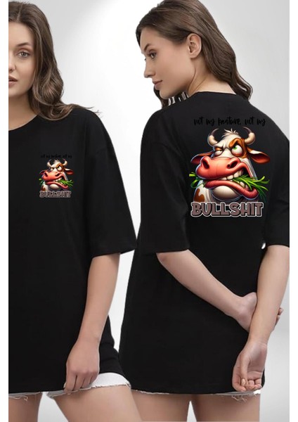 Saçmalık Dolu Komik Inek Tasarımı Siyah Oversize Kadın Erkek Ön ve Sırt Baskılı Tişört fırsatları