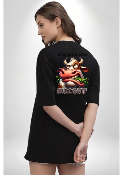 Saçmalık Dolu Komik Inek Tasarımı Siyah Oversize Kadın Erkek Ön ve Sırt Baskılı Tişört indirimleri