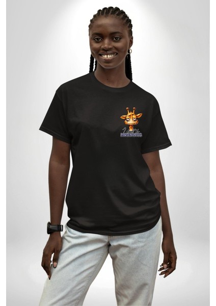 Sabahları Sevmeyen Zürafa Uykulu Siyah Oversize Kadın Erkek Ön ve Sırt Baskılı Tişört modelleri