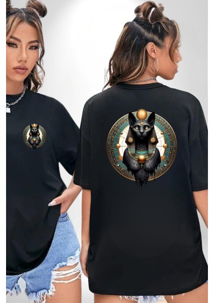 Bastet Tanrıçası Kutsal Kedi Antik Mısır Siyah Oversize Kadın Erkek Ön ve Sırt Baskılı Tişört fırsatları