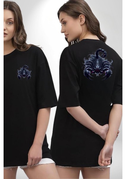 Akrep Burçu Özel Tasarım Siyah Oversize Kadın Erkek Ön ve Sırt Baskılı Tişört