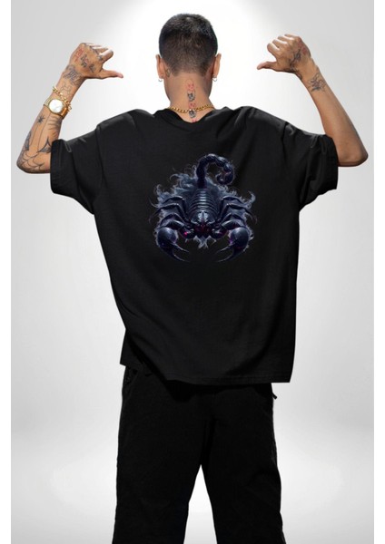 Akrep Burçu Özel Tasarım Siyah Oversize Kadın Erkek Ön ve Sırt Baskılı Tişört fiyatları