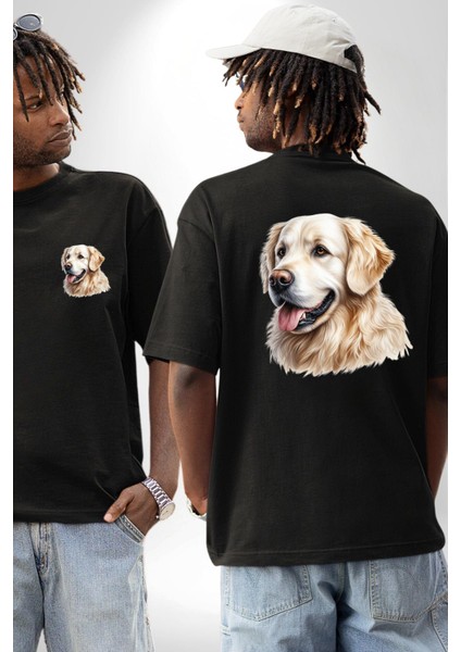 Sevimli Golden Retriever Köpek Dostu Siyah Oversize Kadın Erkek Ön ve Sırt Baskılı Tişört