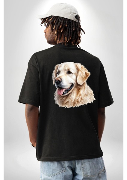 Sevimli Golden Retriever Köpek Dostu Siyah Oversize Kadın Erkek Ön ve Sırt Baskılı Tişört fiyatları
