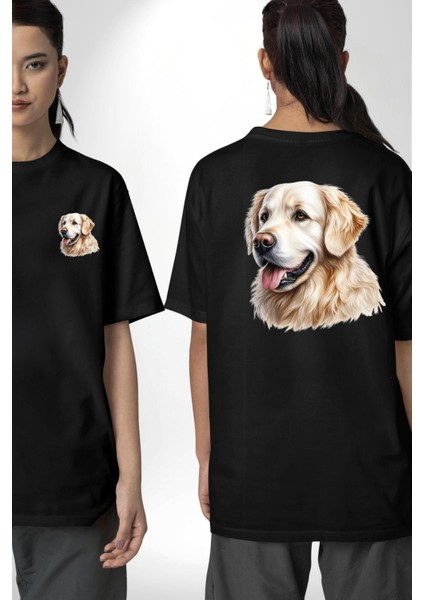 Sevimli Golden Retriever Köpek Dostu Siyah Oversize Kadın Erkek Ön ve Sırt Baskılı Tişört fırsatları