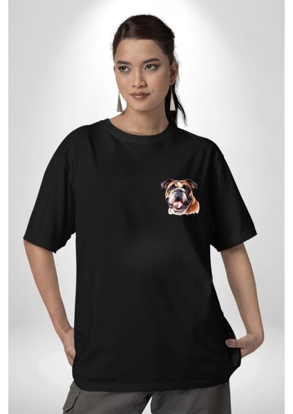 Efsane Bulldog Köpek Dostu Siyah Oversize Kadın Erkek Ön ve Sırt Baskılı Tişört modelleri