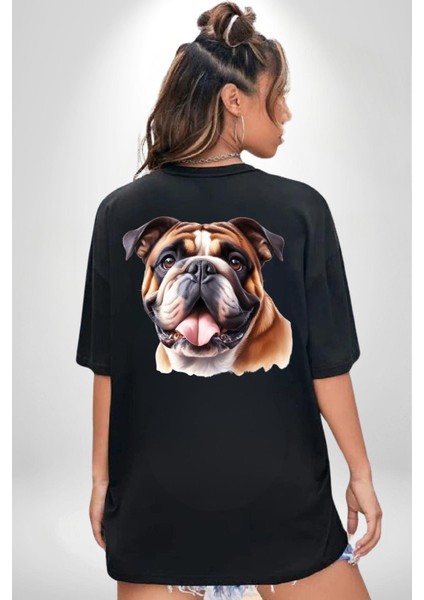 Efsane Bulldog Köpek Dostu Siyah Oversize Kadın Erkek Ön ve Sırt Baskılı Tişört indirimleri