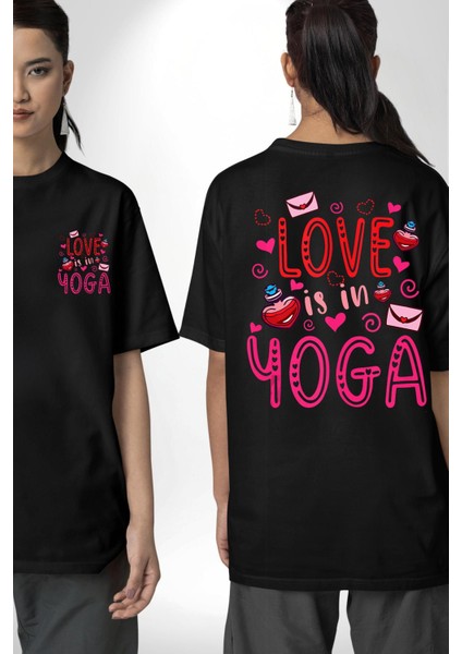 Yoga Seviyorum Yoga Tutkunları Siyah Oversize Kadın Erkek Ön ve Sırt Baskılı Tişört