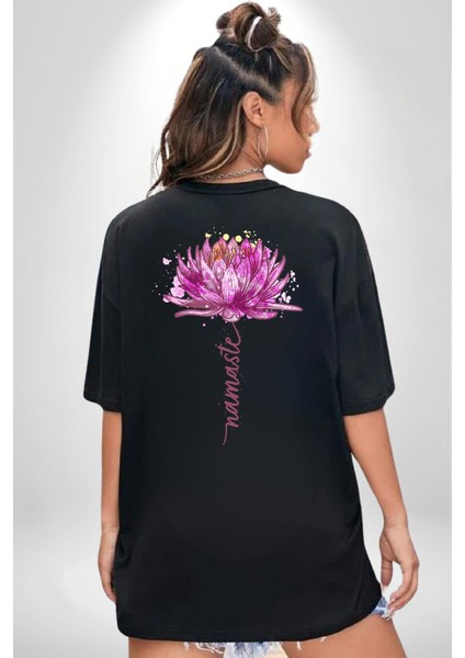 Mor Lotus Çiçeği ve Namaste Yazılı Yoga Siyah Oversize Kadın Erkek Ön ve Sırt Baskılı Tişört fiyatları
