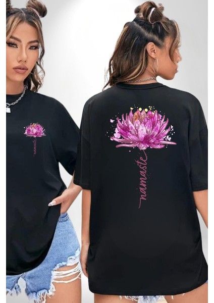 Mor Lotus Çiçeği ve Namaste Yazılı Yoga Siyah Oversize Kadın Erkek Ön ve Sırt Baskılı Tişört fırsatları