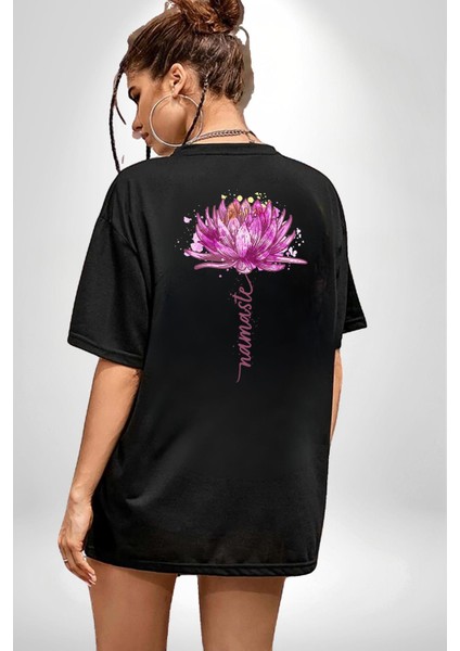 Mor Lotus Çiçeği ve Namaste Yazılı Yoga Siyah Oversize Kadın Erkek Ön ve Sırt Baskılı Tişört indirimleri