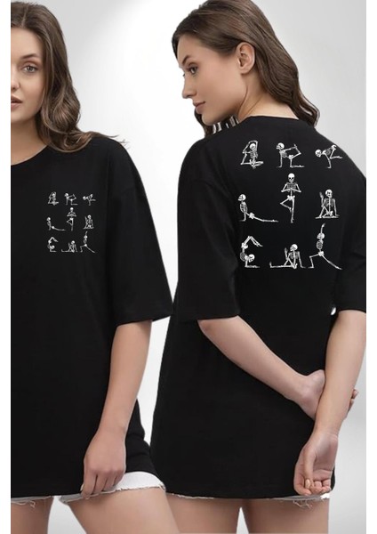 Iskelet Yoga Pozları Siyah Oversize Kadın Erkek Ön ve Sırt Baskılı Tişört