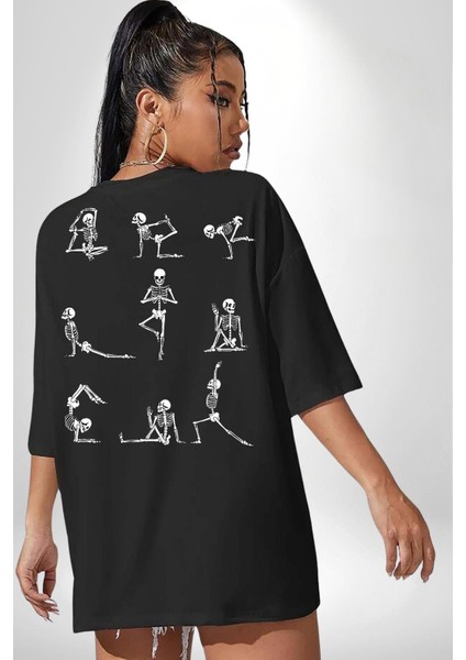 Iskelet Yoga Pozları Siyah Oversize Kadın Erkek Ön ve Sırt Baskılı Tişört indirimleri