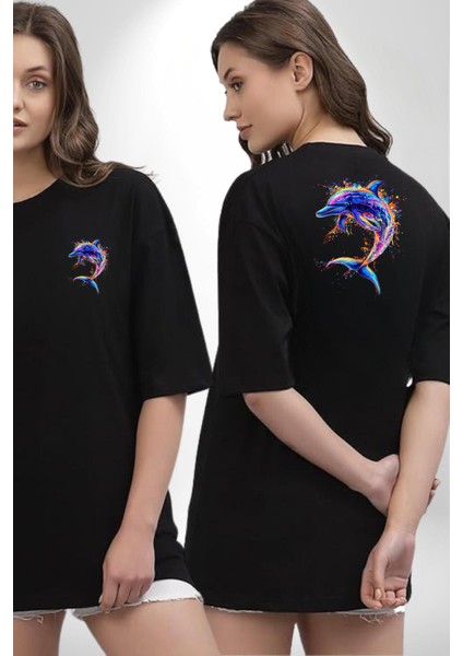 Renkli Sanatsal Yunus Neon Splash Siyah Oversize Kadın Erkek Ön ve Sırt Baskılı Tişört
