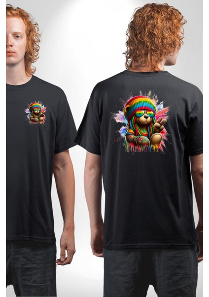 Renkli Teddy Bear Rasta Eğlenceli Ayı Siyah Oversize Kadın Erkek Ön ve Sırt Baskılı Tişört
