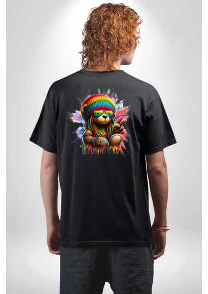 Renkli Teddy Bear Rasta Eğlenceli Ayı Siyah Oversize Kadın Erkek Ön ve Sırt Baskılı Tişört fiyatları