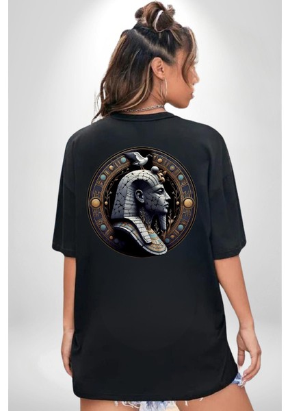 Mısır Firavun Geb Dünya Verimlilik ve Yılanlar Siyah Oversize Kadın Erkek Ön ve Sırt Baskılı Tişört fiyatları
