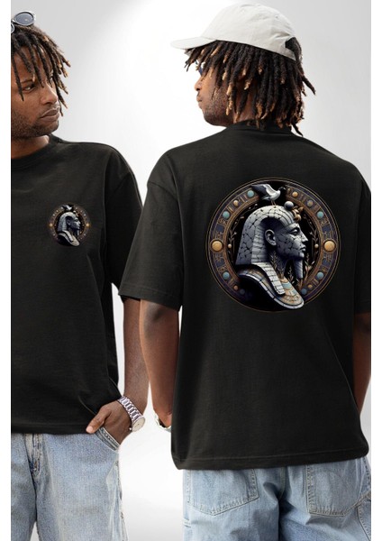 Mısır Firavun Geb Dünya Verimlilik ve Yılanlar Siyah Oversize Kadın Erkek Ön ve Sırt Baskılı Tişört fırsatları