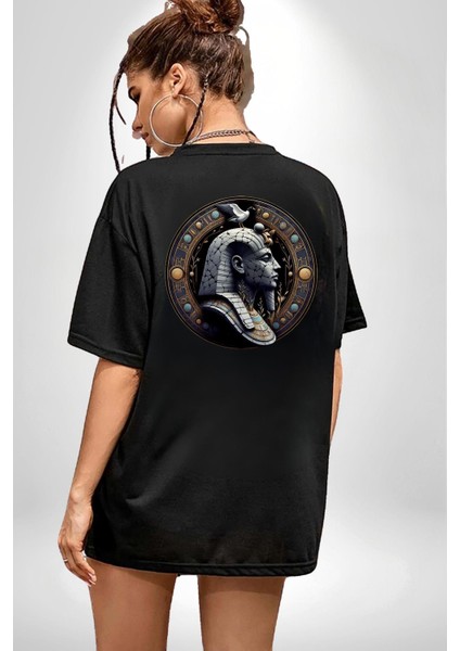 Mısır Firavun Geb Dünya Verimlilik ve Yılanlar Siyah Oversize Kadın Erkek Ön ve Sırt Baskılı Tişört indirimleri