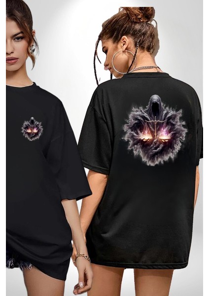 Terazi Burçu Özel Tasarım Siyah Oversize Kadın Erkek Ön ve Sırt Baskılı Tişört