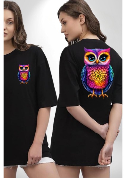 Neon Renkler Baykuş Siyah Oversize Kadın Erkek Ön ve Sırt Baskılı Tişört