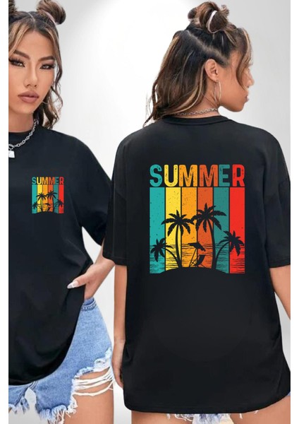 Tropikal Yaz Temalı Siyah Oversize Kadın Erkek Ön ve Sırt Baskılı Tişört