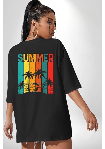 Tropikal Yaz Temalı Siyah Oversize Kadın Erkek Ön ve Sırt Baskılı Tişört fiyatları