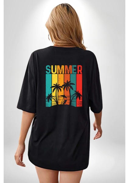 Tropikal Yaz Temalı Siyah Oversize Kadın Erkek Ön ve Sırt Baskılı Tişört indirimleri