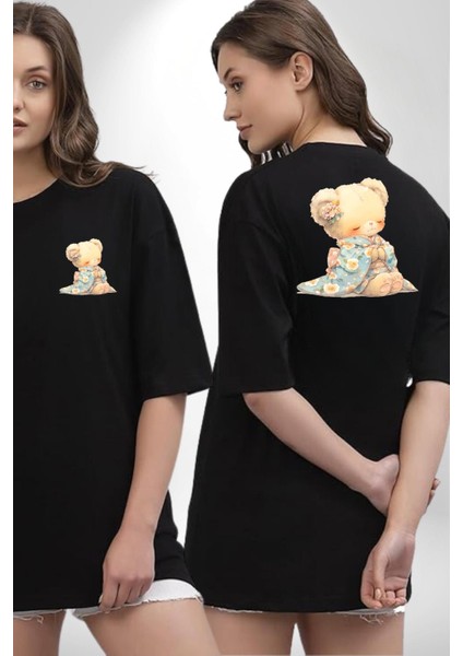 Mavi Çiçek Desenli Kimonolu Sevimli Ayıcık Teddy Siyah Oversize Kadın Erkek Ön ve Sırt Baskılı Tişört