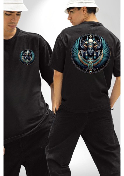 Isis - Büyü, Şifa ve Annelik Tanrıçası Mısır Siyah Oversize Kadın Erkek Ön ve Sırt Baskılı Tişört