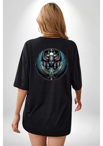Isis - Büyü, Şifa ve Annelik Tanrıçası Mısır Siyah Oversize Kadın Erkek Ön ve Sırt Baskılı Tişört fiyatları