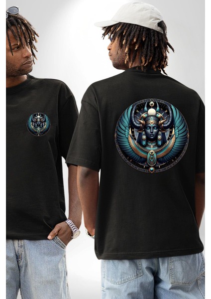 Isis - Büyü, Şifa ve Annelik Tanrıçası Mısır Siyah Oversize Kadın Erkek Ön ve Sırt Baskılı Tişört fırsatları