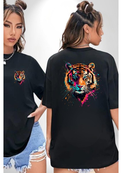 Neon Canlı Renk Kaplan Siyah Oversize Kadın Erkek Ön ve Sırt Baskılı Tişört fırsatları