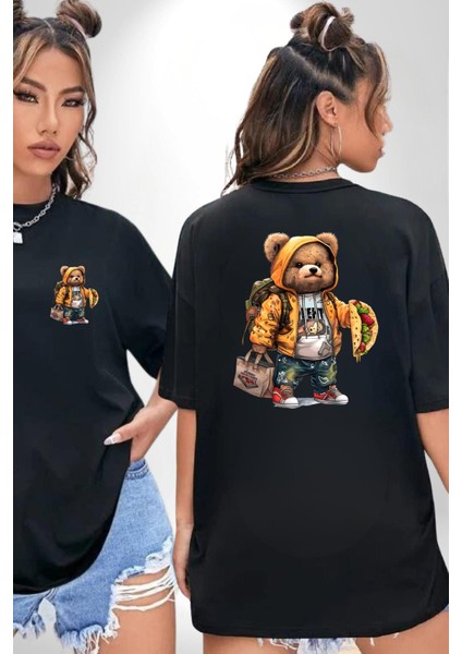 Modern Stil Sırt Çantalı Ayıcık Taco Teddy Siyah Oversize Kadın Erkek Ön ve Sırt Baskılı Tişört fırsatları