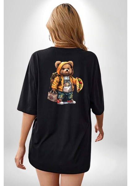 Modern Stil Sırt Çantalı Ayıcık Taco Teddy Siyah Oversize Kadın Erkek Ön ve Sırt Baskılı Tişört indirimleri