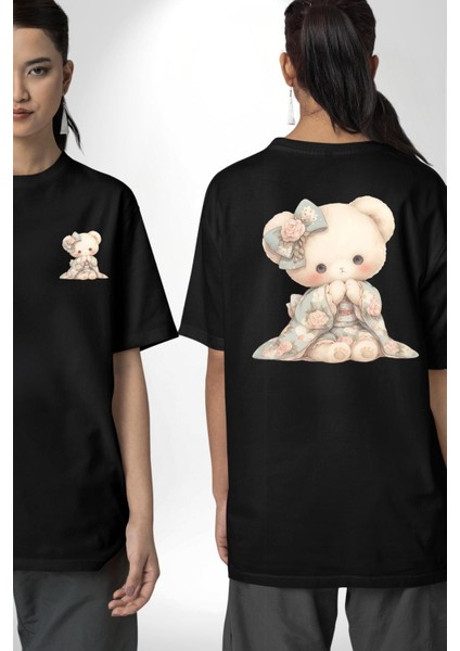 Pastel Tonlarda Nostaljik Sevimli Ayıcık Siyah Oversize Kadın Erkek Ön ve Sırt Baskılı Tişört