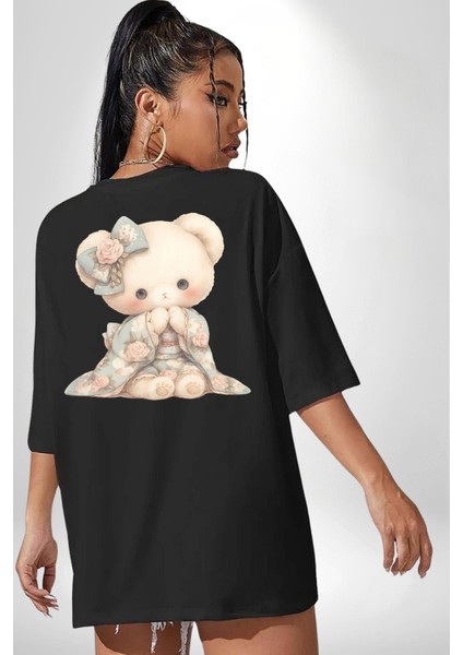 Pastel Tonlarda Nostaljik Sevimli Ayıcık Siyah Oversize Kadın Erkek Ön ve Sırt Baskılı Tişört fiyatları