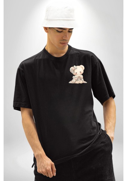 Pastel Tonlarda Nostaljik Sevimli Ayıcık Siyah Oversize Kadın Erkek Ön ve Sırt Baskılı Tişört modelleri