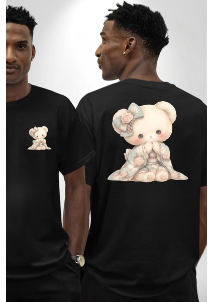 Pastel Tonlarda Nostaljik Sevimli Ayıcık Siyah Oversize Kadın Erkek Ön ve Sırt Baskılı Tişört fırsatları