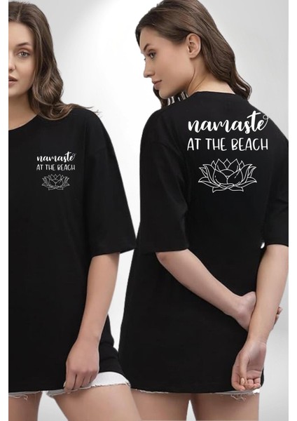 Plaj Yoga Tutkunlarına Özel Namaste Siyah Oversize Kadın Erkek Ön ve Sırt Baskılı Tişört