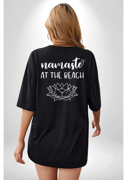 Plaj Yoga Tutkunlarına Özel Namaste Siyah Oversize Kadın Erkek Ön ve Sırt Baskılı Tişört fiyatları