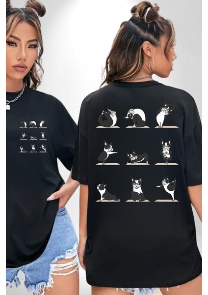 Yoga Yapan Yoga Hareketleri Yapan Köpek Siyah Oversize Kadın Erkek Ön ve Sırt Baskılı Tişört