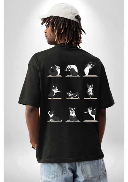 Yoga Yapan Yoga Hareketleri Yapan Köpek Siyah Oversize Kadın Erkek Ön ve Sırt Baskılı Tişört fiyatları