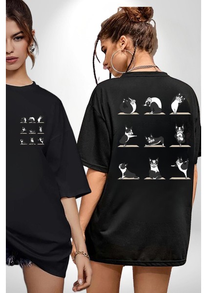 Yoga Yapan Yoga Hareketleri Yapan Köpek Siyah Oversize Kadın Erkek Ön ve Sırt Baskılı Tişört fırsatları