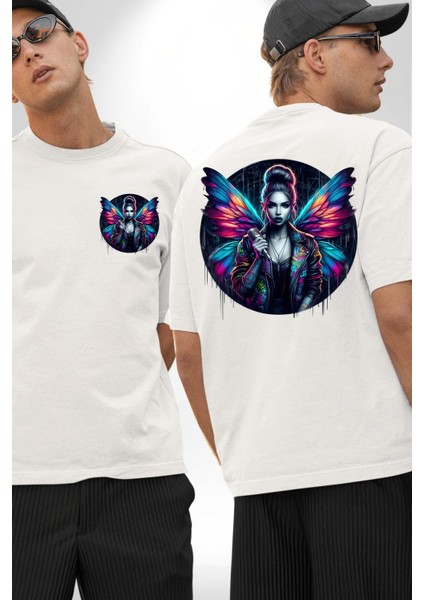 Enerjik Sokak Stili Kanatlı Tasarım Beyaz Oversize Kadın Erkek Ön ve Sırt Baskılı Tişört