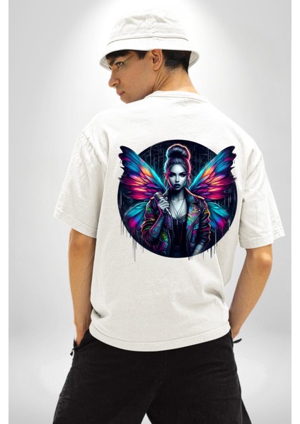 Enerjik Sokak Stili Kanatlı Tasarım Beyaz Oversize Kadın Erkek Ön ve Sırt Baskılı Tişört fiyatları