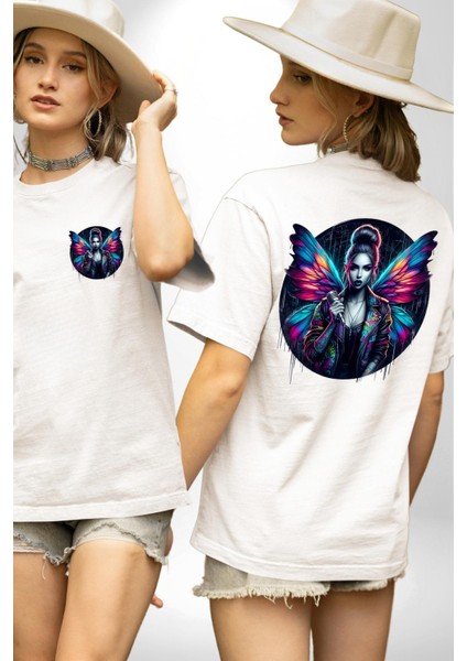 Enerjik Sokak Stili Kanatlı Tasarım Beyaz Oversize Kadın Erkek Ön ve Sırt Baskılı Tişört fırsatları