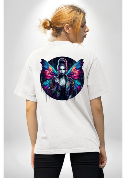 Enerjik Sokak Stili Kanatlı Tasarım Beyaz Oversize Kadın Erkek Ön ve Sırt Baskılı Tişört indirimleri